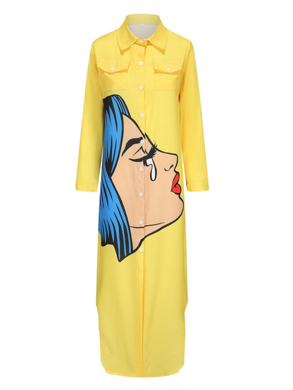 Damklänning Midi Långärmad Polyester med Ansiktstryck och Skjortkrage-1