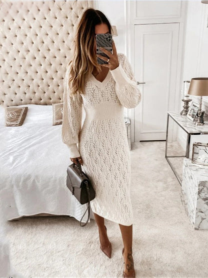 Variant image for Kvinna Midi Klänning V-ringning Långärmad Bomullspolyester-1