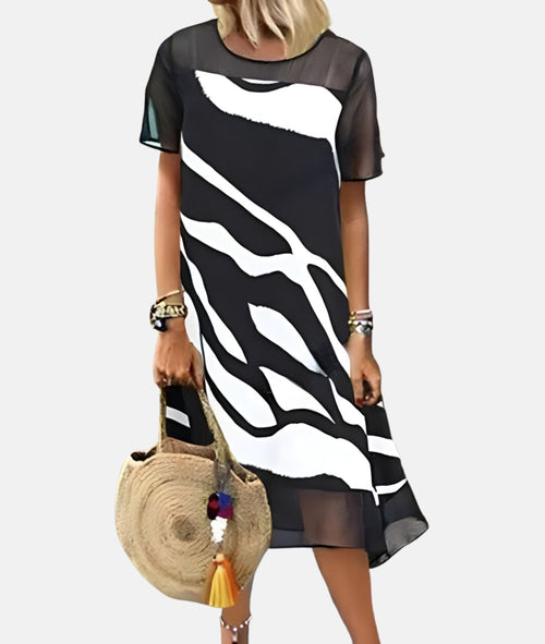 Abstrakt Damklänning i Bomullsblandning med V-Hals – Fina Damklänningar för Vår och Sommar, Svart/Röd/Vit 1