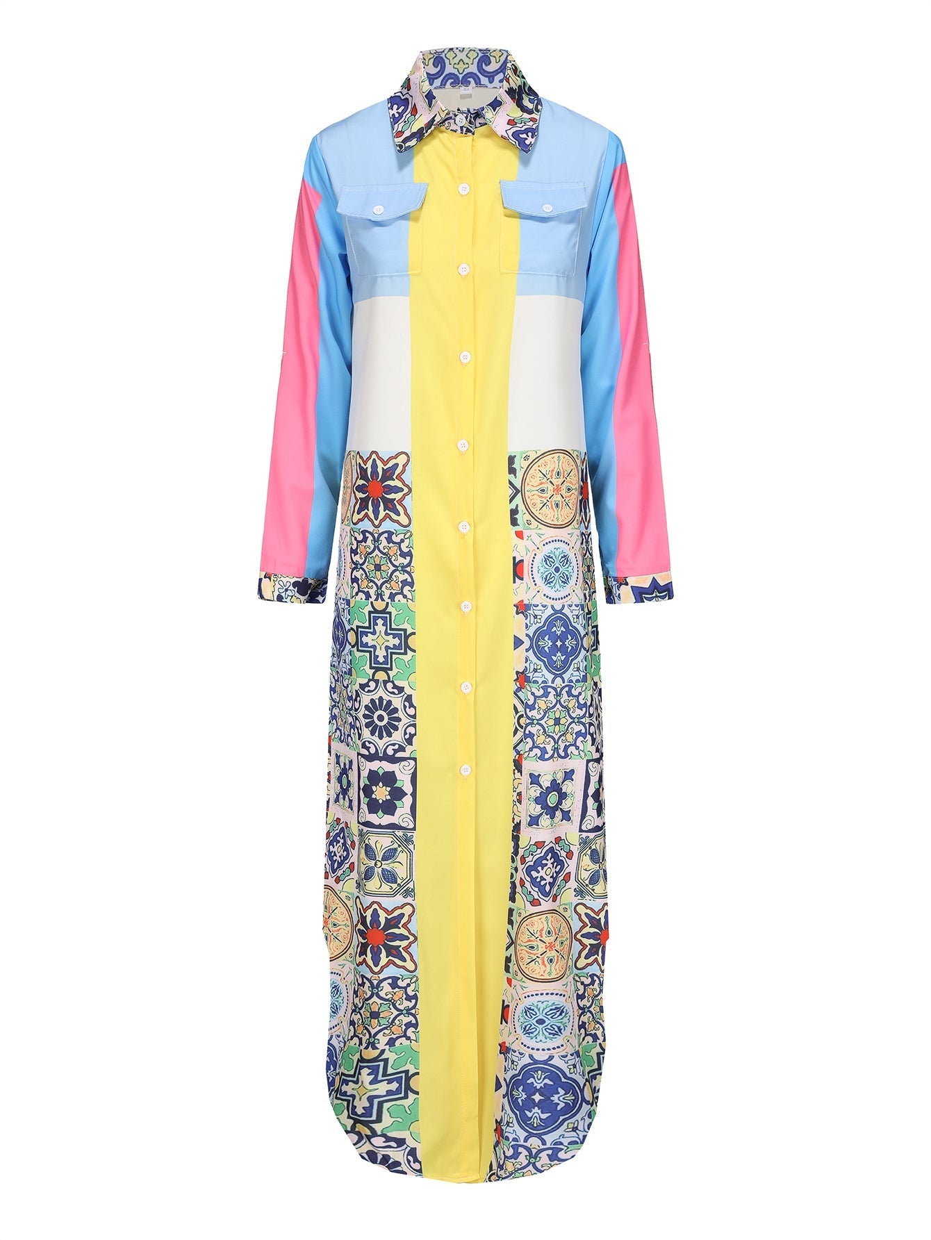 Dam Långärmad Klänning Abstrakt Blommönster Polyester Midi Långklänning Fest-3