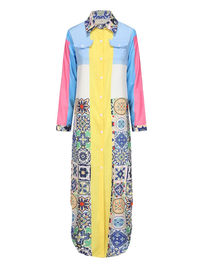 Dam Långärmad Klänning Abstrakt Blommönster Polyester Midi Långklänning Fest-3