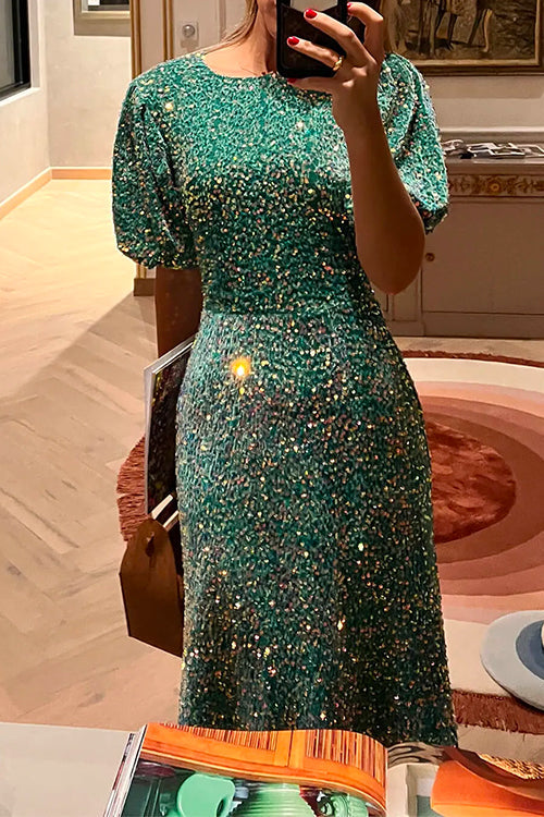 Festklänning Dam MIDI med Paljetter och Puffärmar i Bomull och Polyester-2