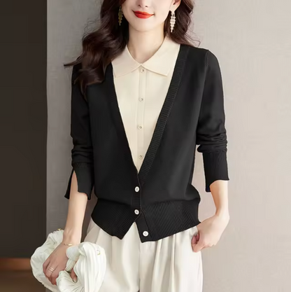 Dam Topp med Krage Mjuk Stickad Fiber Lång Ärme-2