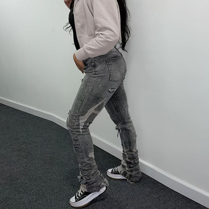 Dam Jeans Hög Midja Sliten Denim Snäv Passform-3