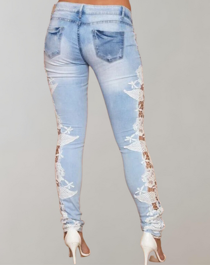 Snygga Byxor Dam Blommig Stretch Denim 2