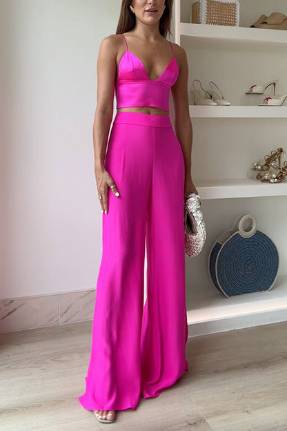 Dam Tvådelad Uppsättning V-ringad Cami Topp Bred Ben Byxor Bomull Polyester-2