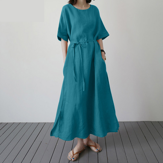Dam Maxiklänning Boho Stil Bomull Korta Ärmar O-hals 1