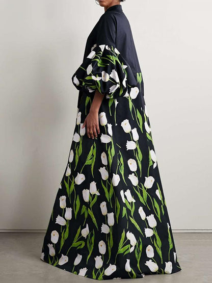 Lång Trenchcoat Dam Blommönstrad Bomull med Ballongärmar och Golvlängd-3