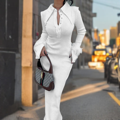 Kvinna Lång Klänning Flödande Design Högkvalitativt Material-2