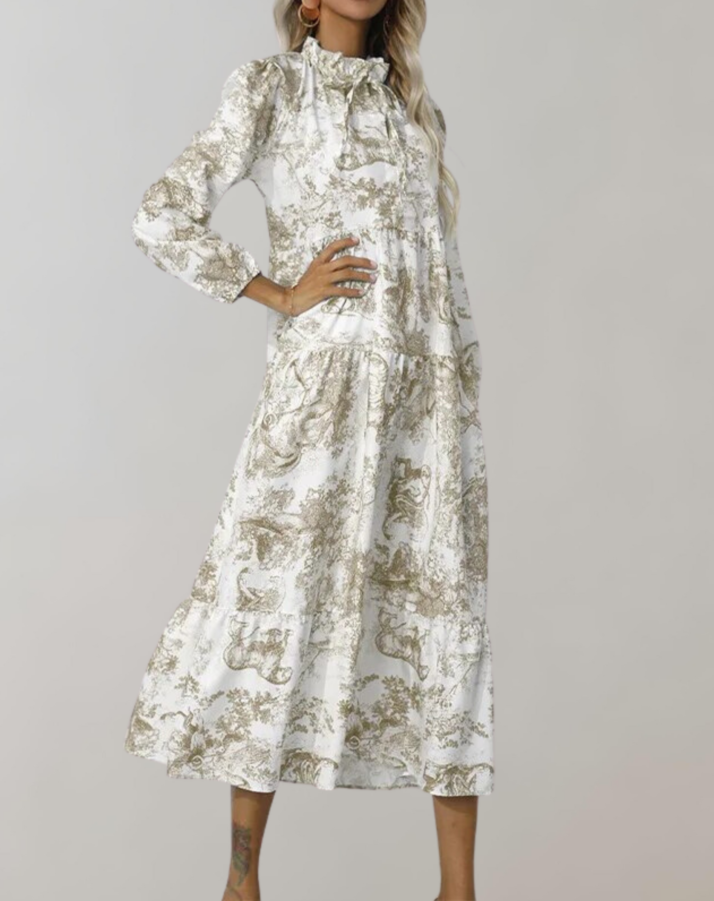 Variant image for Kvinnlig Midi Klänning Blommönster Polyester Långa Ärmar-1