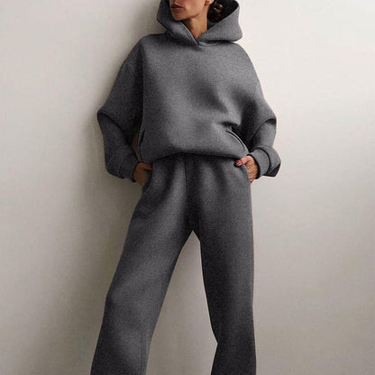 Kvinnors Joggingdräkt Hoodie och Högbelagda Byxor i Mjuk Tyg-6
