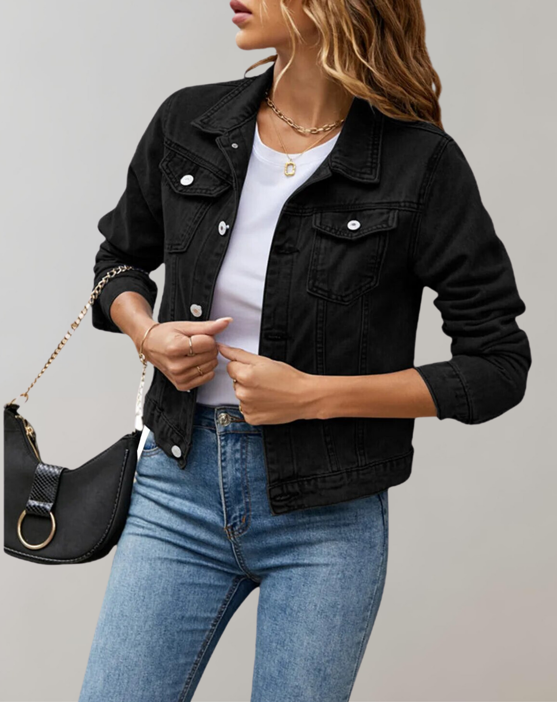 Damjacka Långärmad Denim Klassisk Stil Smal Fit Högkvalitativ Denim-6