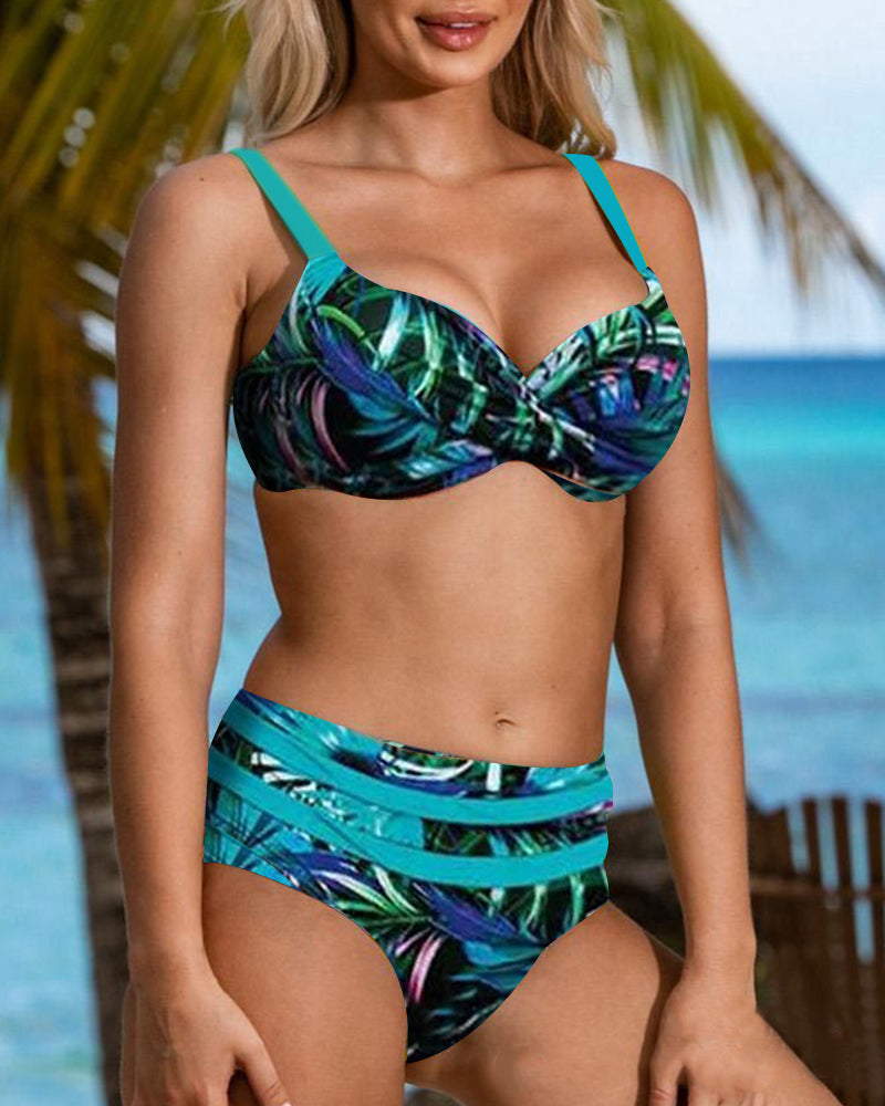 Dam Bikini Hög Midja Bladmönster Elastan Polyester-4