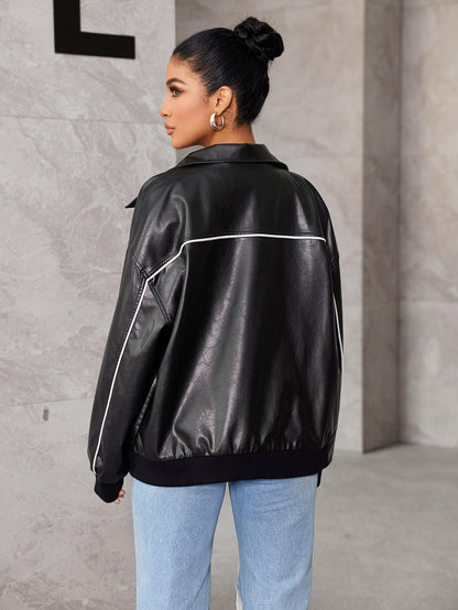 Dam Läderjacka Motojacka Kontrasterande Design PU-Läder-3