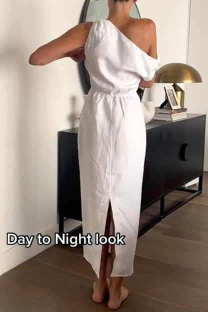 Lång Klänning Dam Asymmetrisk Axeldesign Bomull och Linne Maxiklänning-2