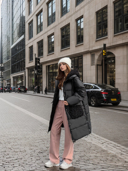 Damjacka Medel Längd Fluffigt Foder Polyester med Huva och Fickor-1