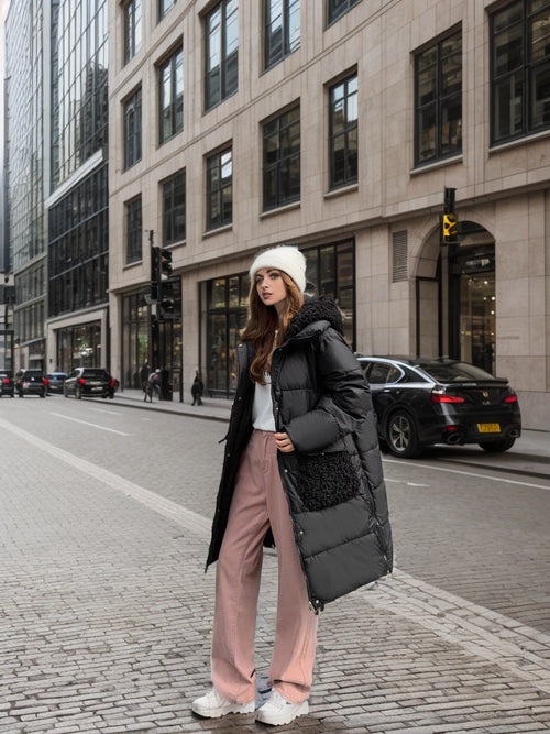 Damjacka Medel Längd Fluffigt Foder Polyester med Huva och Fickor-1