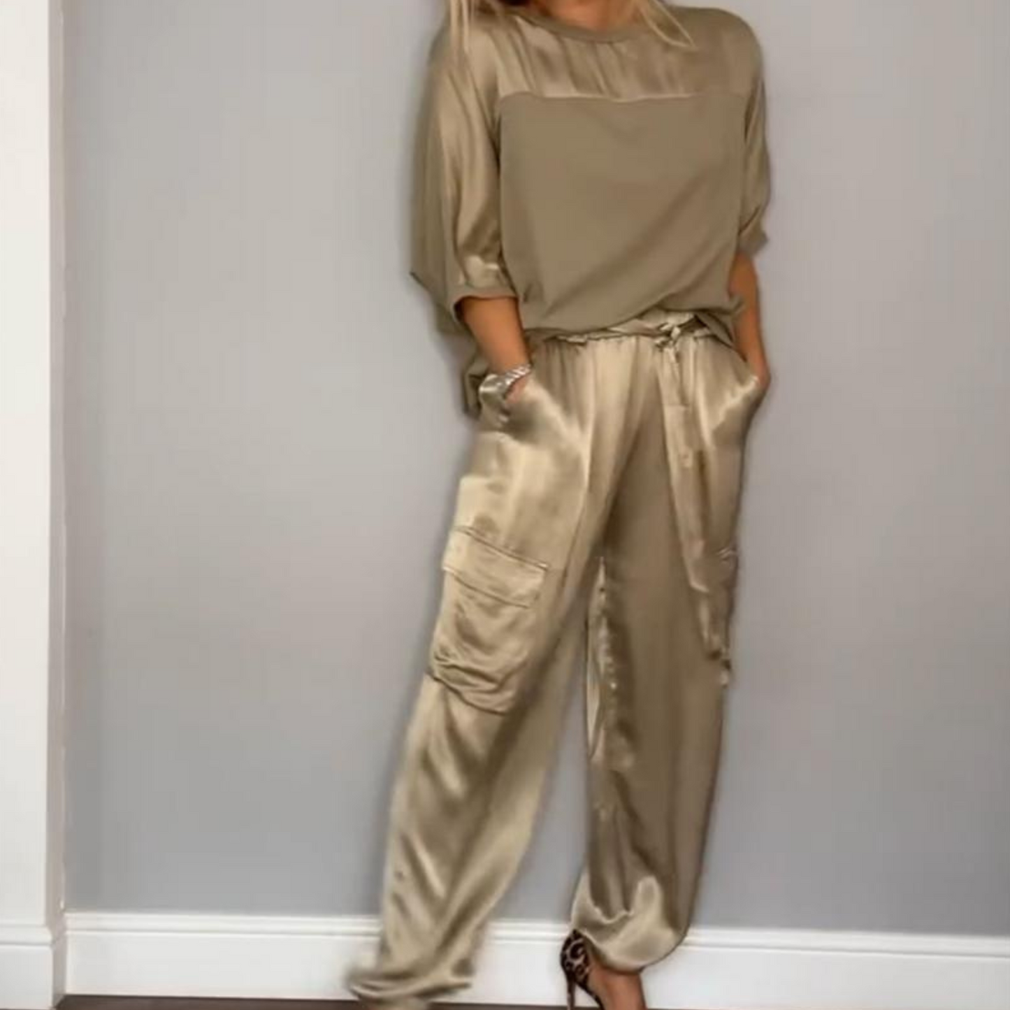 Dam Satinbyxor och Topp Set Avslappnad Satin-2