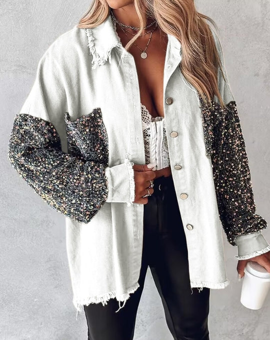 Elegant Damjacka med Långa Ärmar och Paljetter i Mjuk Polyester – Perfekt för Vardag och Fest 2