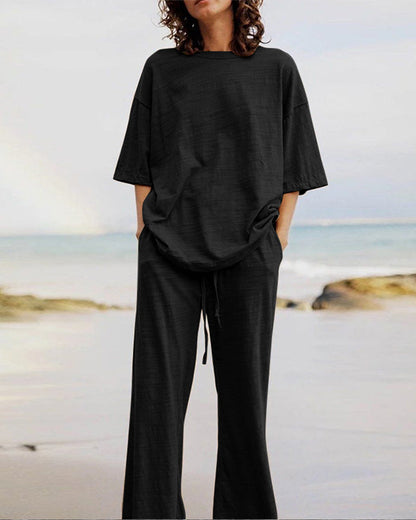 Kvinnors Tvådelad Uppsättning Trendig Urban Look Bomull Linne-4