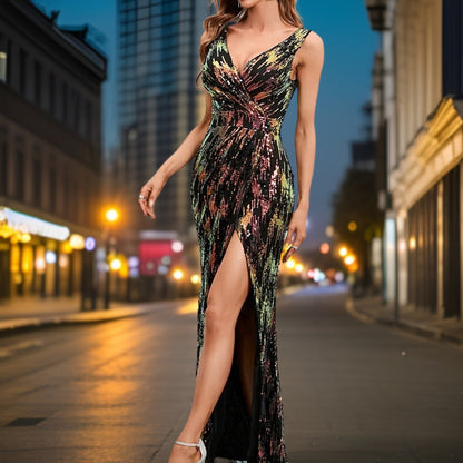 Kvinnors Aftonklänning Lång Med Paljetter Flödande Design Polyester 2