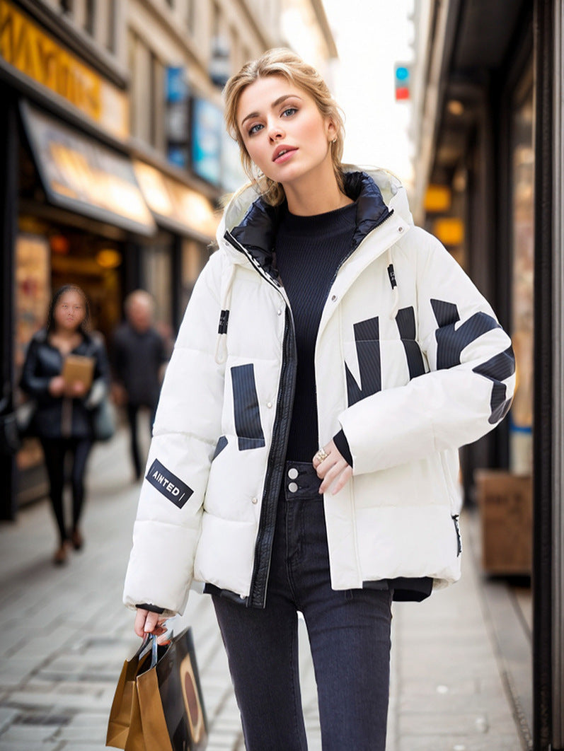 Dam Kort Bomullsjacka Tryckt Avslappnad Förtjockad-6