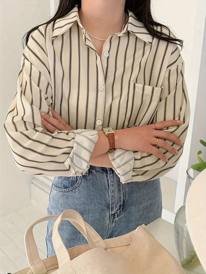 Kvinnors Skjorta Randig Knappstängning Mjukt Tyg-3