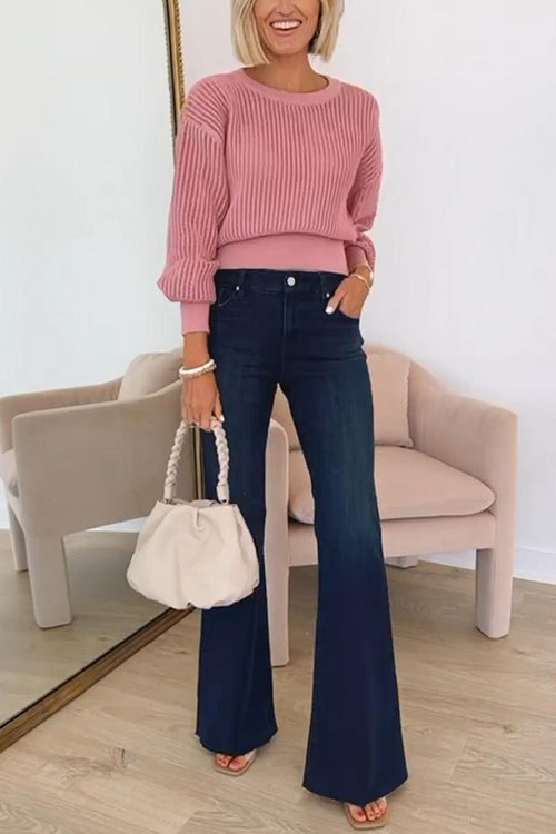 Stickad Dam Tröja med Runda Bakre Slitsar i Bomull och Polyester – Elegant och Trendig Stil för Vardagsbruk 2