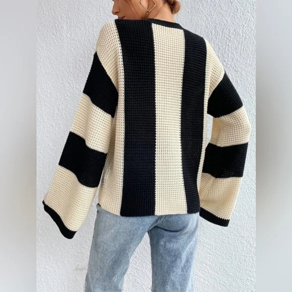 Stickad Dam Tröja Turtleneck Randig Mjukt Material-3