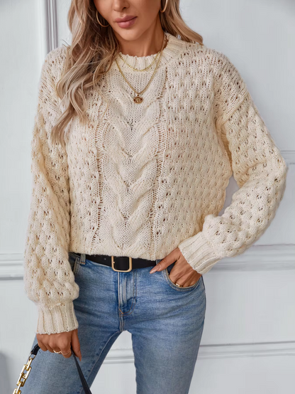 Dam Stickad Tröja Flätmönster Mjuk Akrylblandning Ballongärmar-2