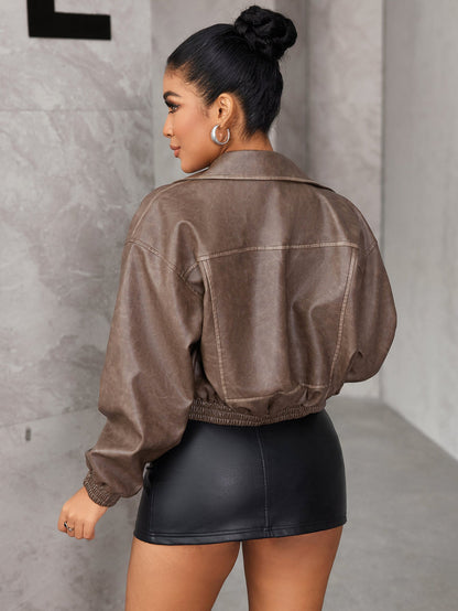 Dam Kort Skinnjacka Vintage PU-Läder med Sluttande Fickor-3