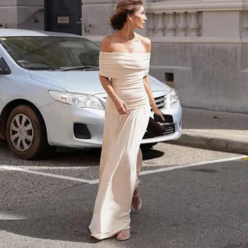 Dam Maxiklänning Off-Shoulder Veckad Högkvalitativt Tyg-1