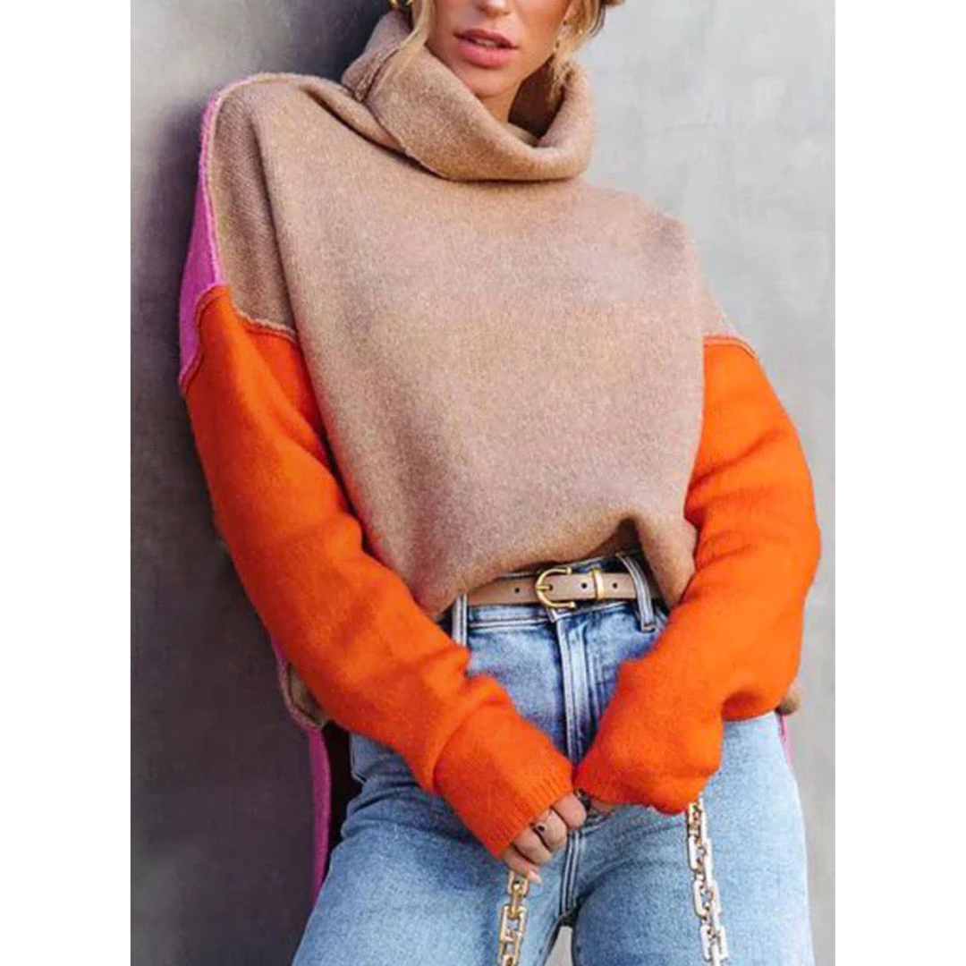 Stickad Dam Turtleneck Tröja med Färgblockdesign – Mjuk Vintertröja för Kalla Dagar, Finns i Flera Storlekar 3