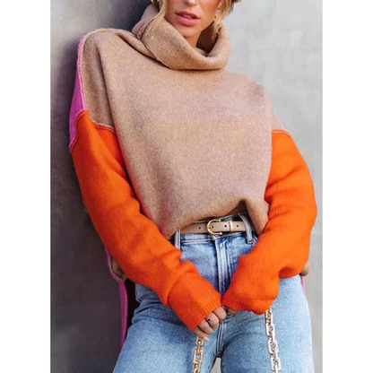 Stickad Dam Turtleneck Tröja med Färgblockdesign – Mjuk Vintertröja för Kalla Dagar, Finns i Flera Storlekar 3