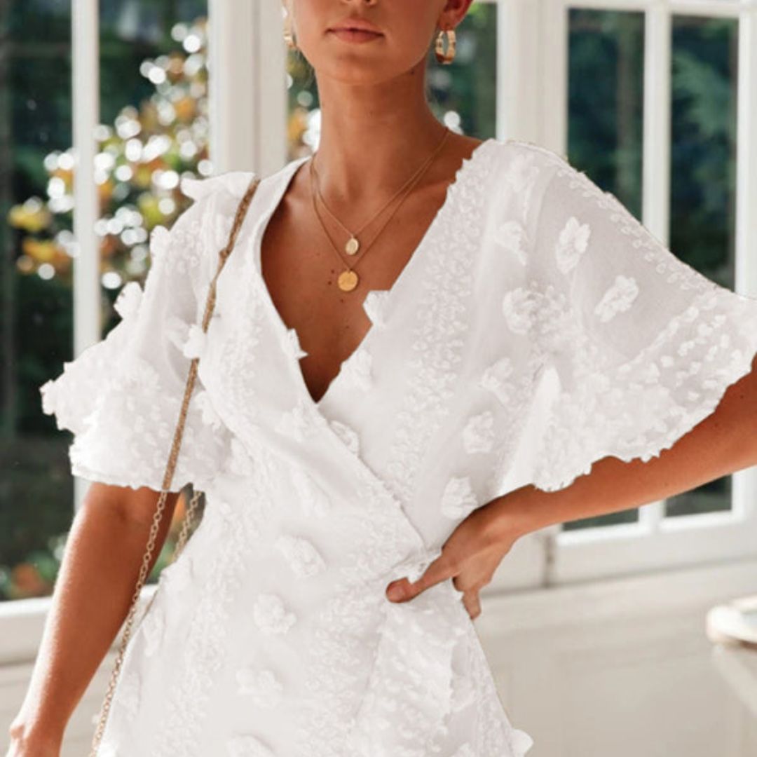 Kvinna Spetsklänning V-hals Fladderärmar Spets-6