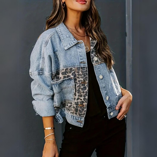 Damjacka Leopardmönster Denim Trendig för Damer 1