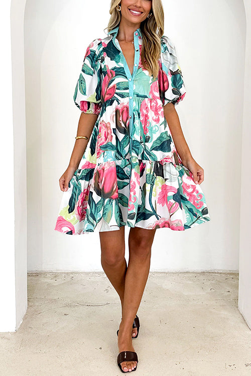 Kvinna Mini Klänning Blommönster Rüschchen Bomull Polyester-2