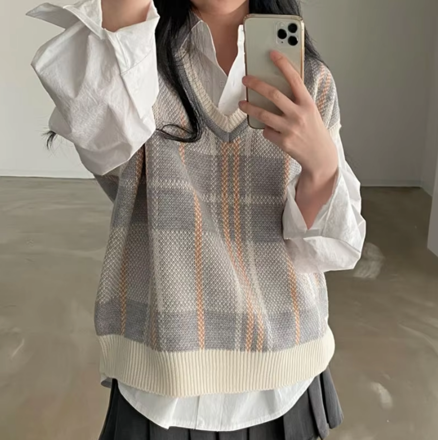 Dam Stickad Väst V-ringning Mjuk med Diamantmönster-4