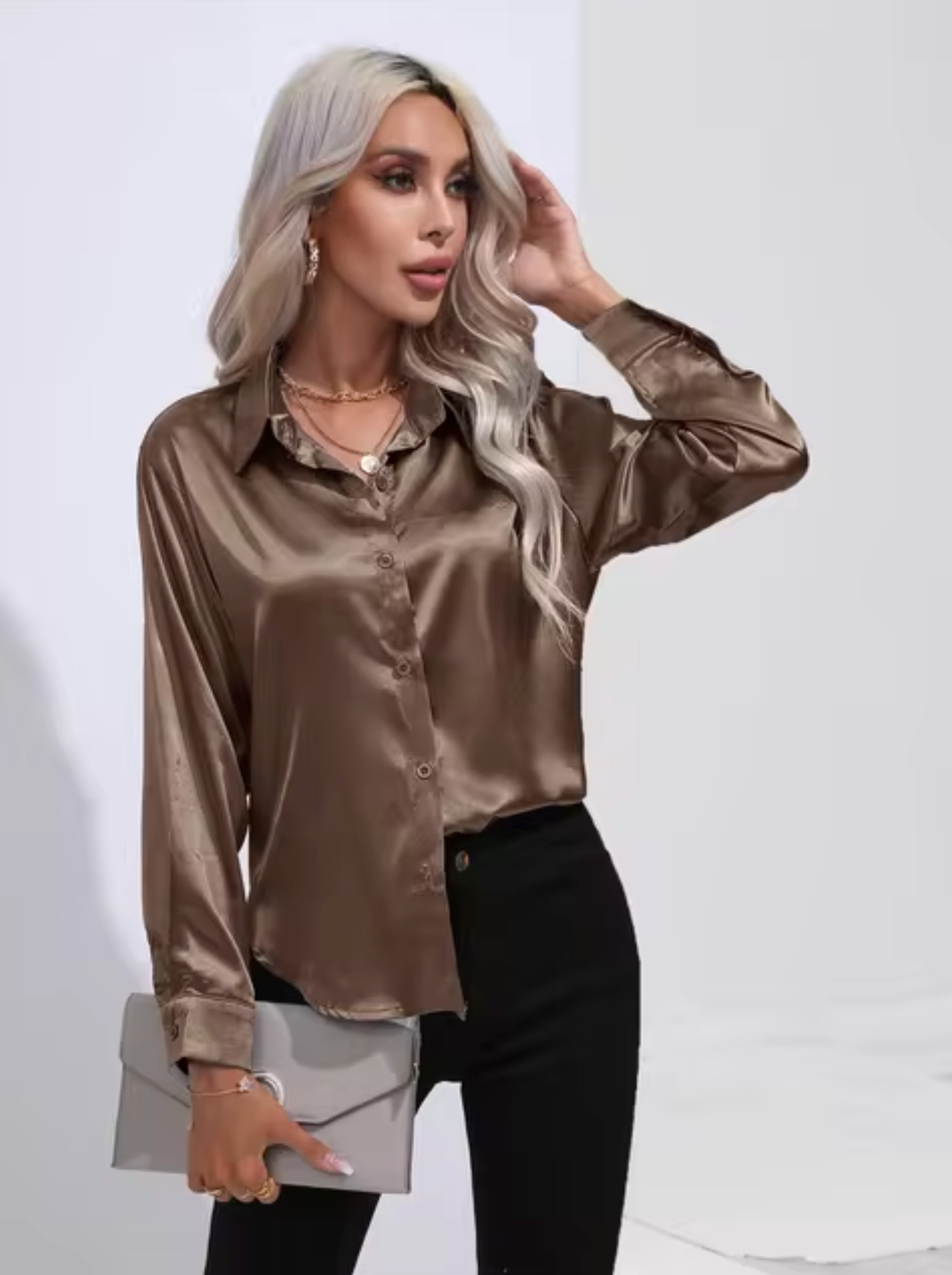 Dam Blus Långärmad Satin Elegant V-Ringning-2