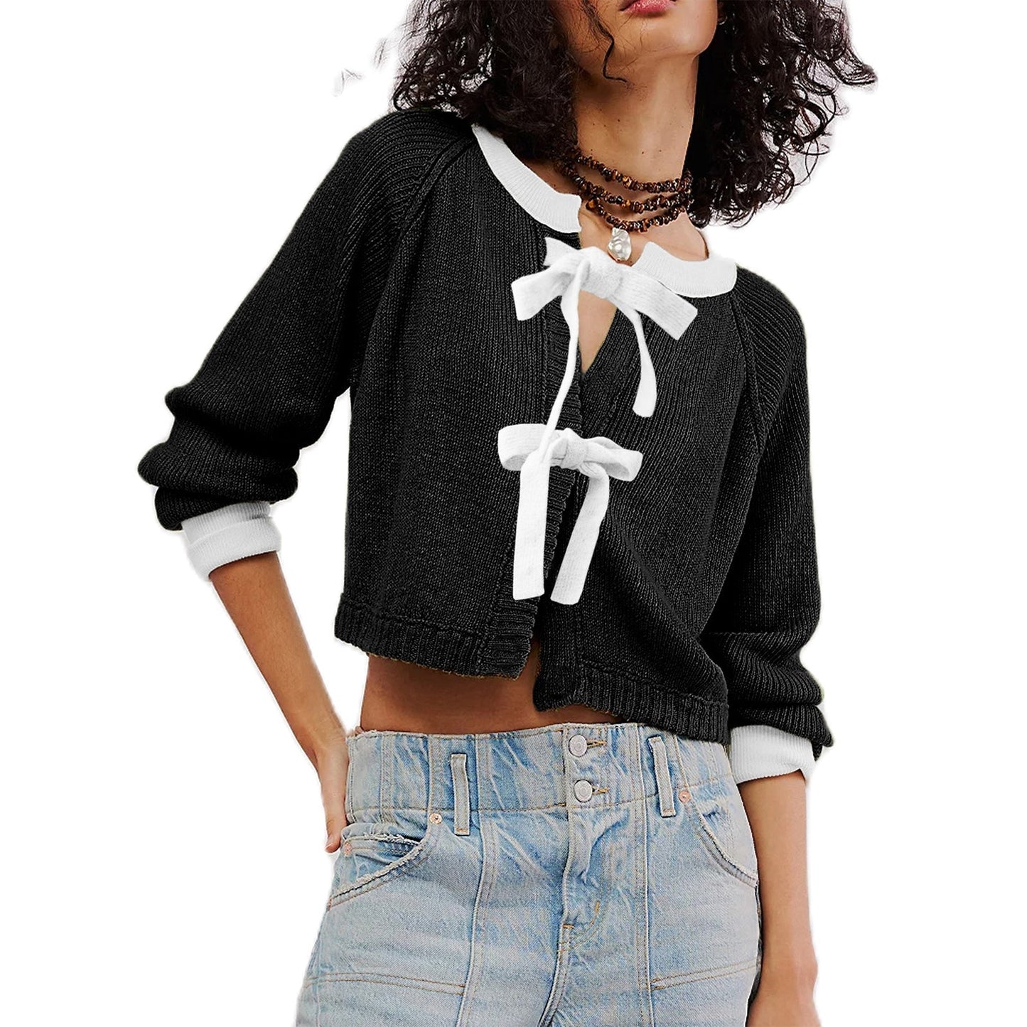 Dam Kort Cardigan Tvåfärgad Akryl med Noddetalj-2