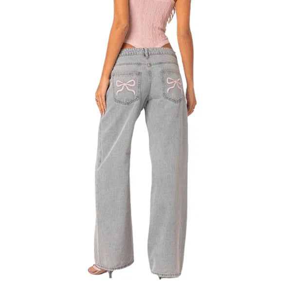 Damjeans Hög Midja Breda Ben Vintage Denim med Hjärtlapp-4