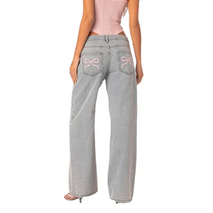 Damjeans Hög Midja Breda Ben Vintage Denim med Hjärtlapp-4