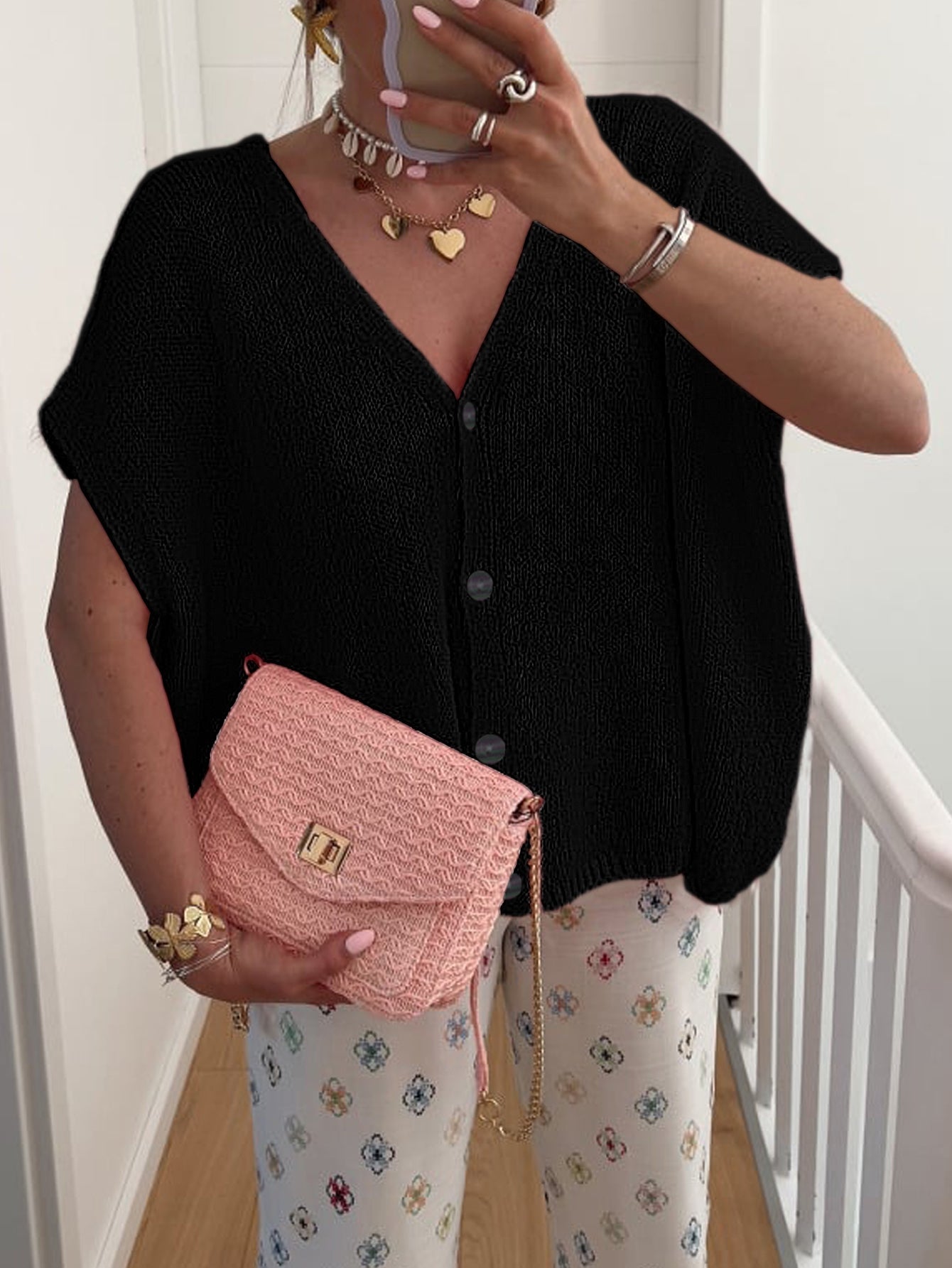 Dam Kortärmad Kofta V-ringning Polyester-3