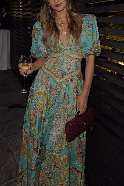 Dam Maxiklänning V-ringning Puffärmar Unikt Tryck Bomull Polyester-2