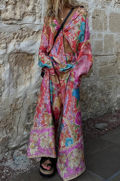 Dam Blus Lång Ärmar Blommönster Lätt Material-2