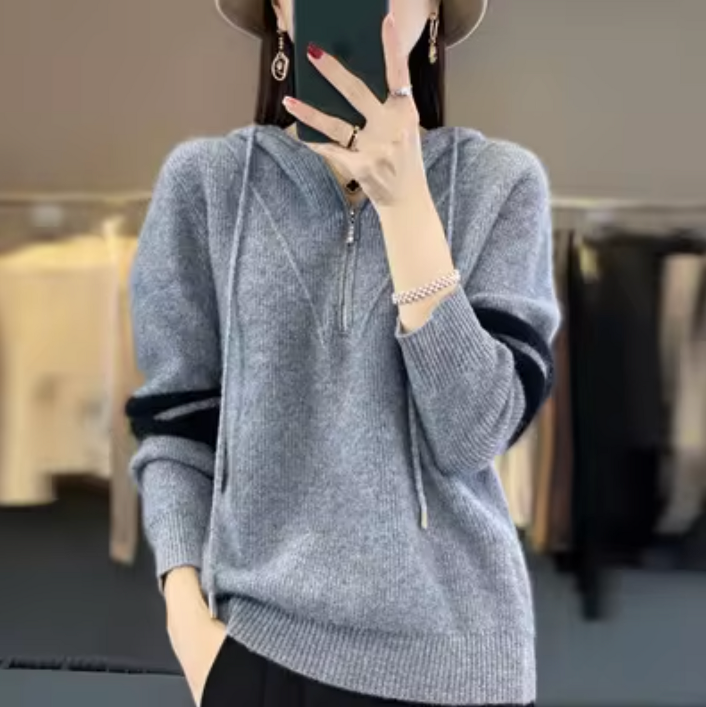 Kvinnors Hoodie Avslappnad Ull och Kashmir-2