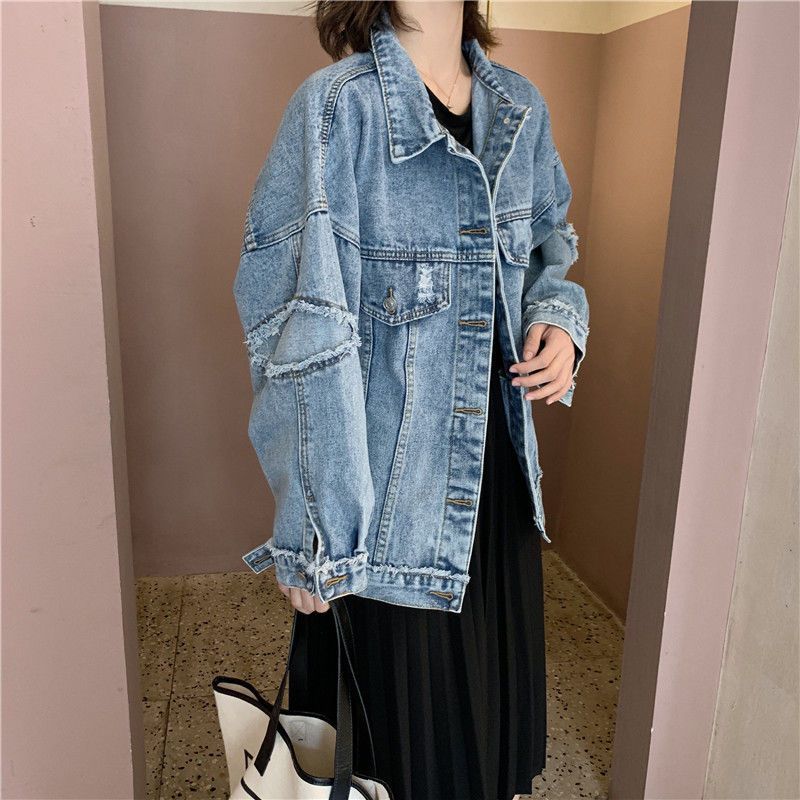Dam Denimjacka Loose Fit Vintage Stil Bomull-5