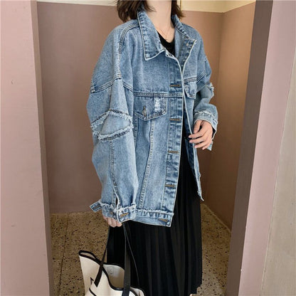 Dam Denimjacka Loose Fit Vintage Stil Bomull-5