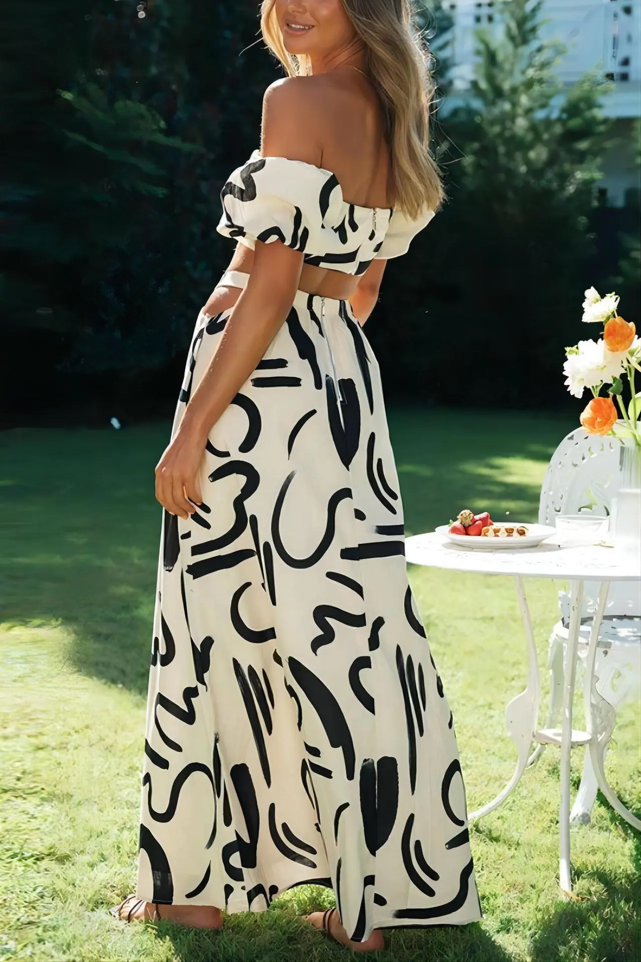 Maxikjol Dam Axelfri Design med Puffärmar och Fickor i Lätt Material-3