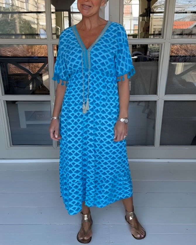 Hög Midja Klänning för Kvinna i Bomullsblandning – V-ringad En Linje Klänning med Kort Ärmar, Midilängd 6